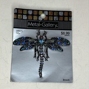NWT Metal Gallery Dark Gray Metal and Blue Rhinestone Dragonfly Brooch Pin